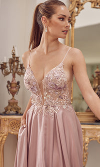  Sheer-Bodice Long Mauve Pink Formal Gown