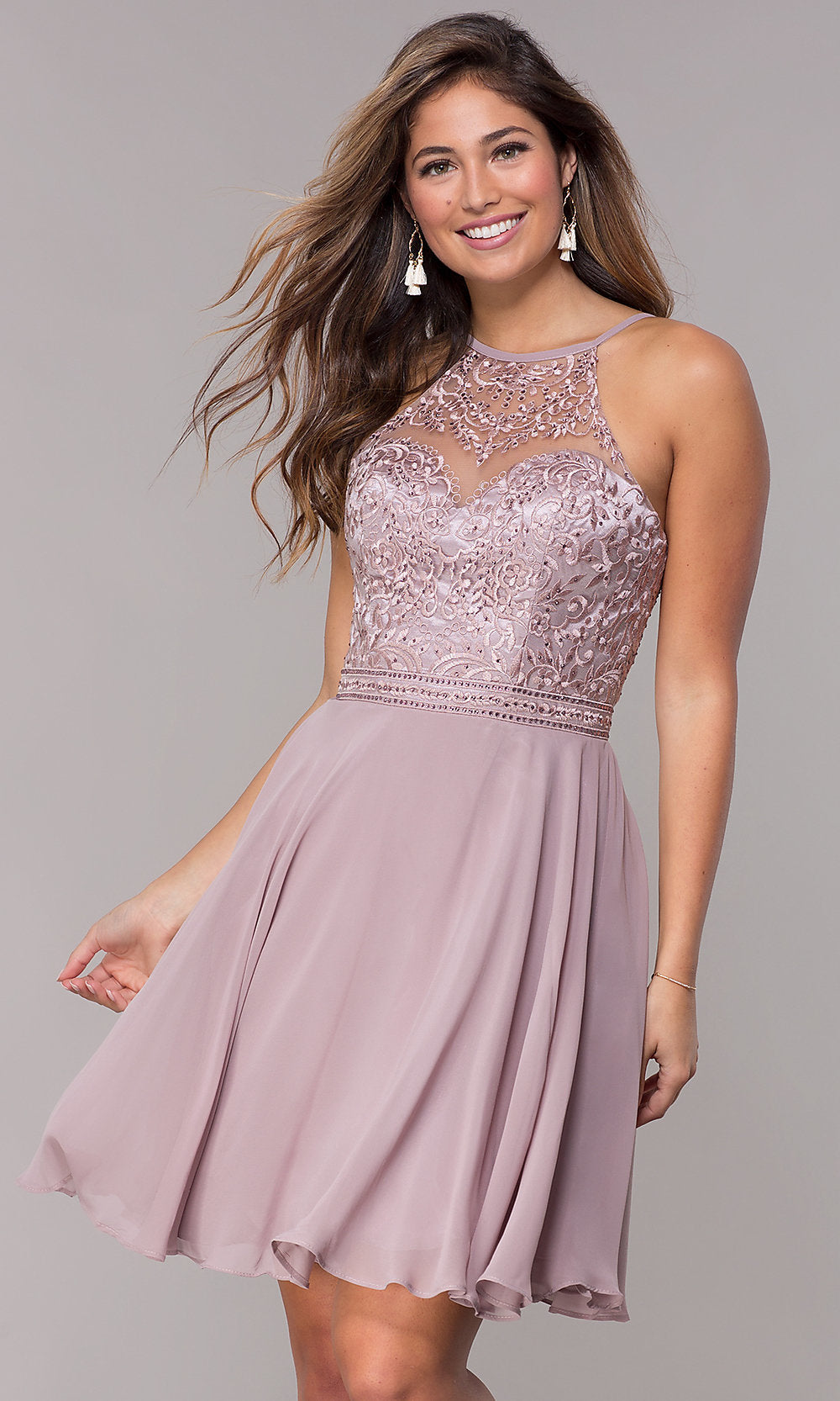 Tan Embroidered-Bodice Short A-Line Homecoming Dress