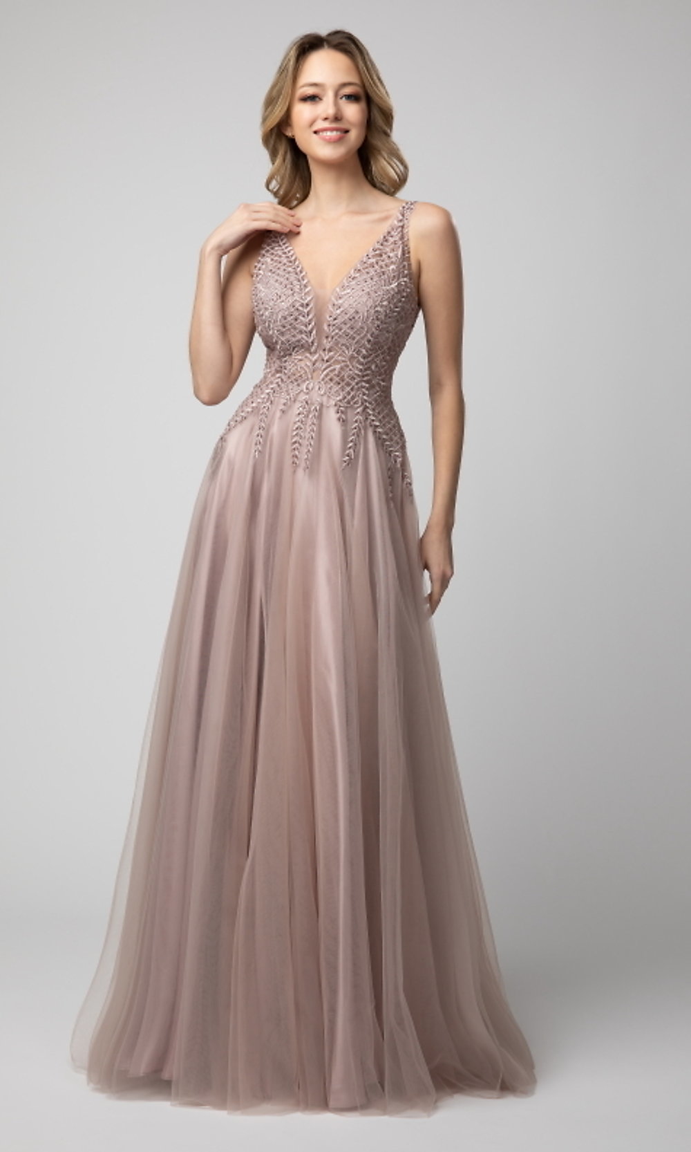 Mauve Shail K V-Neck Long Embroidered Tulle Prom Dress