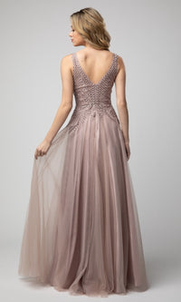  Shail K V-Neck Long Embroidered Tulle Prom Dress