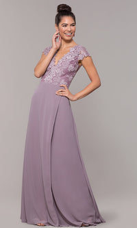 Mauve V-Neck Long Faux-Wrap Prom Dress with Embroidery