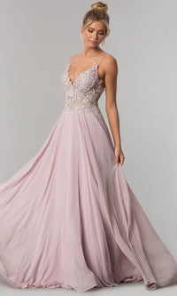 Mauve Long Chiffon Prom Dress with Ribbon Embroidery