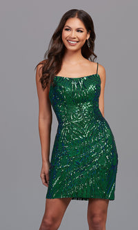 Mermaid Shimmer Strappy-Back Sequin Shimmer Short Homecoming Dress
