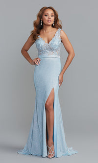 Metallic Aqua Sheer-Bodice Long Prom Dress with Glitter Skirt