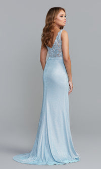  Sheer-Bodice Long Prom Dress with Glitter Skirt
