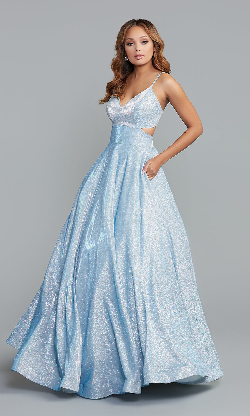 Metallic Aqua Metallic Aqua Blue Long Prom Dress with Pockets