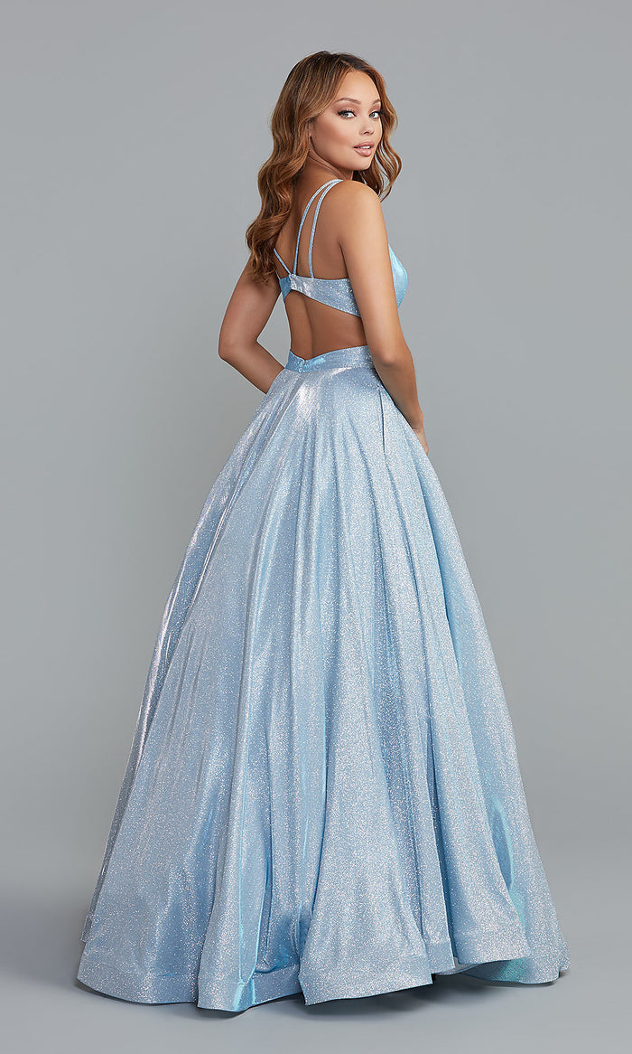  Metallic Aqua Blue Long Prom Dress with Pockets