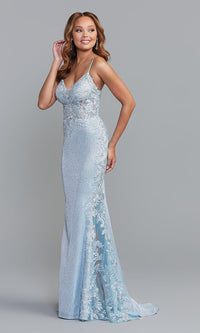  Lace-Back Metallic Glitter Long Formal Prom Dress