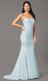 Metallic Aqua Open-Back Corset Long Prom Dress by PromGirl