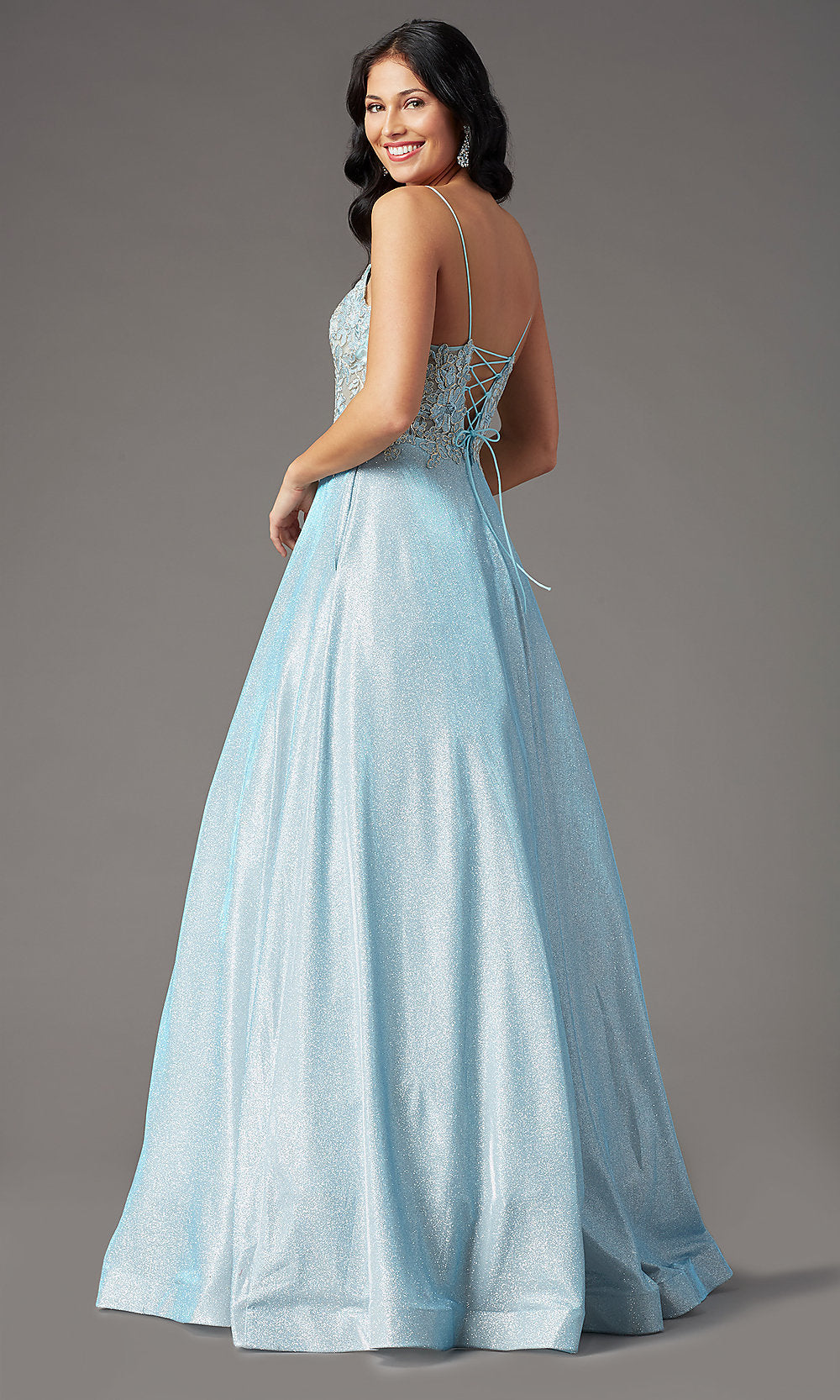  Glitter-Knit Lace-Bodice Prom Dress by PromGirl
