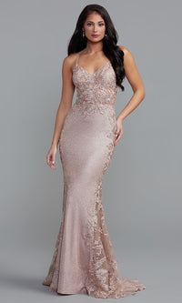  Lace-Back Metallic Glitter Long Formal Prom Dress