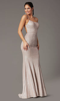 Metallic Blush Open-Back Corset Long Prom Dress by PromGirl