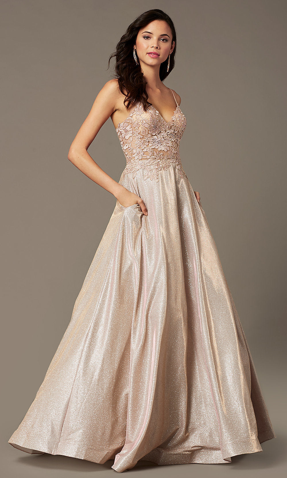 Metallic Blush Glitter-Knit Lace-Bodice Prom Dress by PromGirl