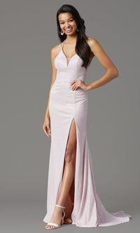 Metallic Pink PromGirl Glitter Metallic Long Formal Prom Dress