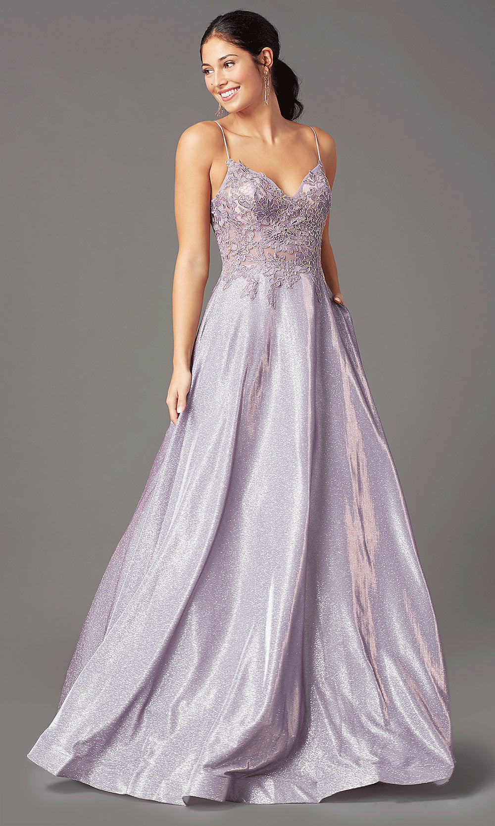 Metallic Purple Glitter-Knit Lace-Bodice Prom Dress by PromGirl