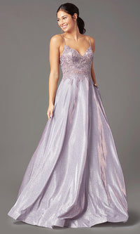 Metallic Purple Glitter-Knit Lace-Bodice Prom Dress by PromGirl