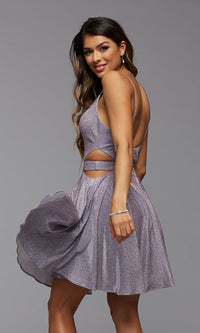  Short Metallic Homecoming Dress with Side Cut Outs