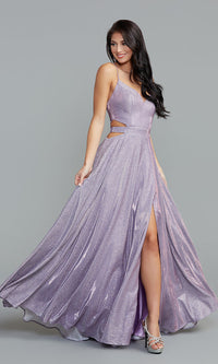 Metallic Purple PromGirl Glitter-Knit Long Dusty Blue Prom Dress