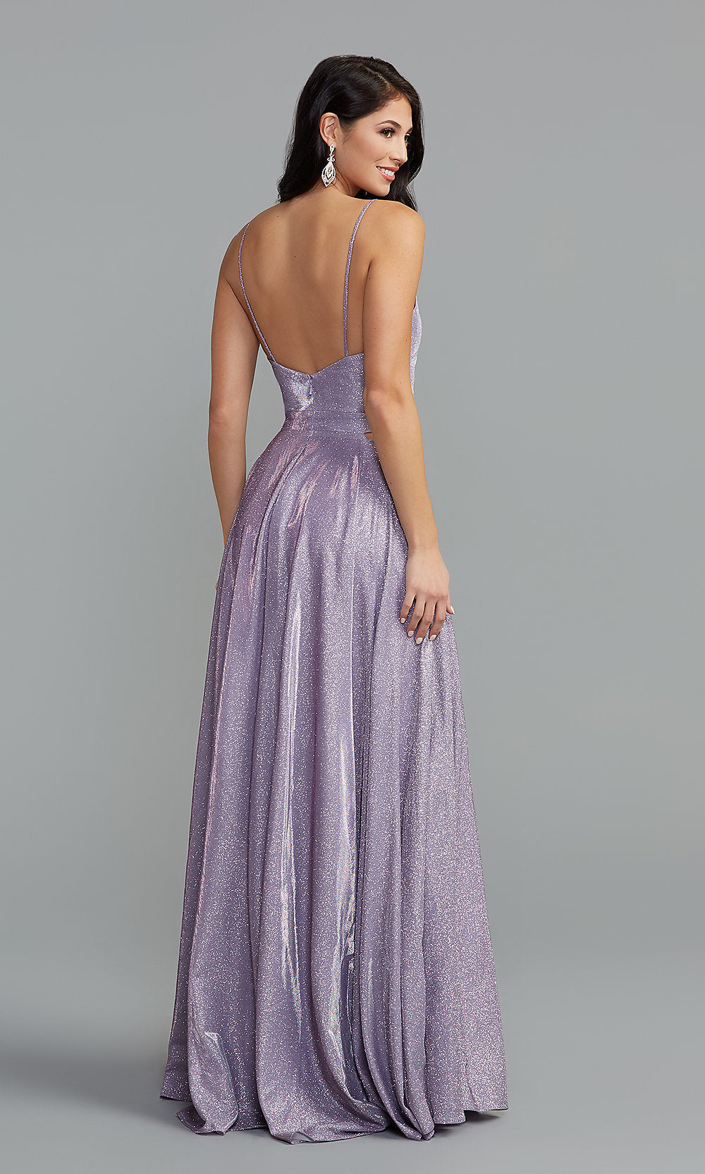  PromGirl Glitter-Knit Long Dusty Blue Prom Dress