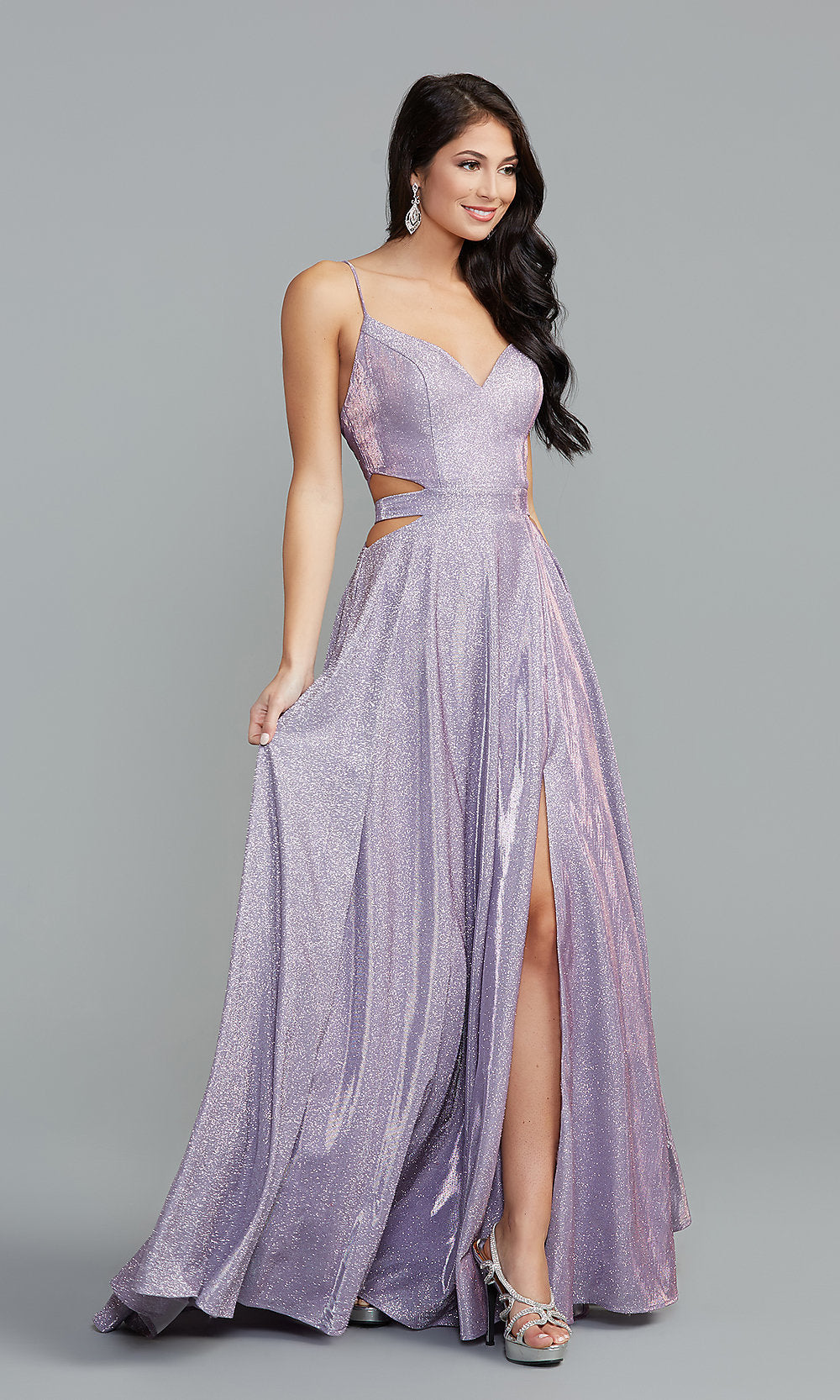  PromGirl Glitter-Knit Long Dusty Blue Prom Dress