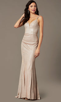 Metallic Rose Open-Back Glitter-Knit Long Prom Dress by PromGirl
