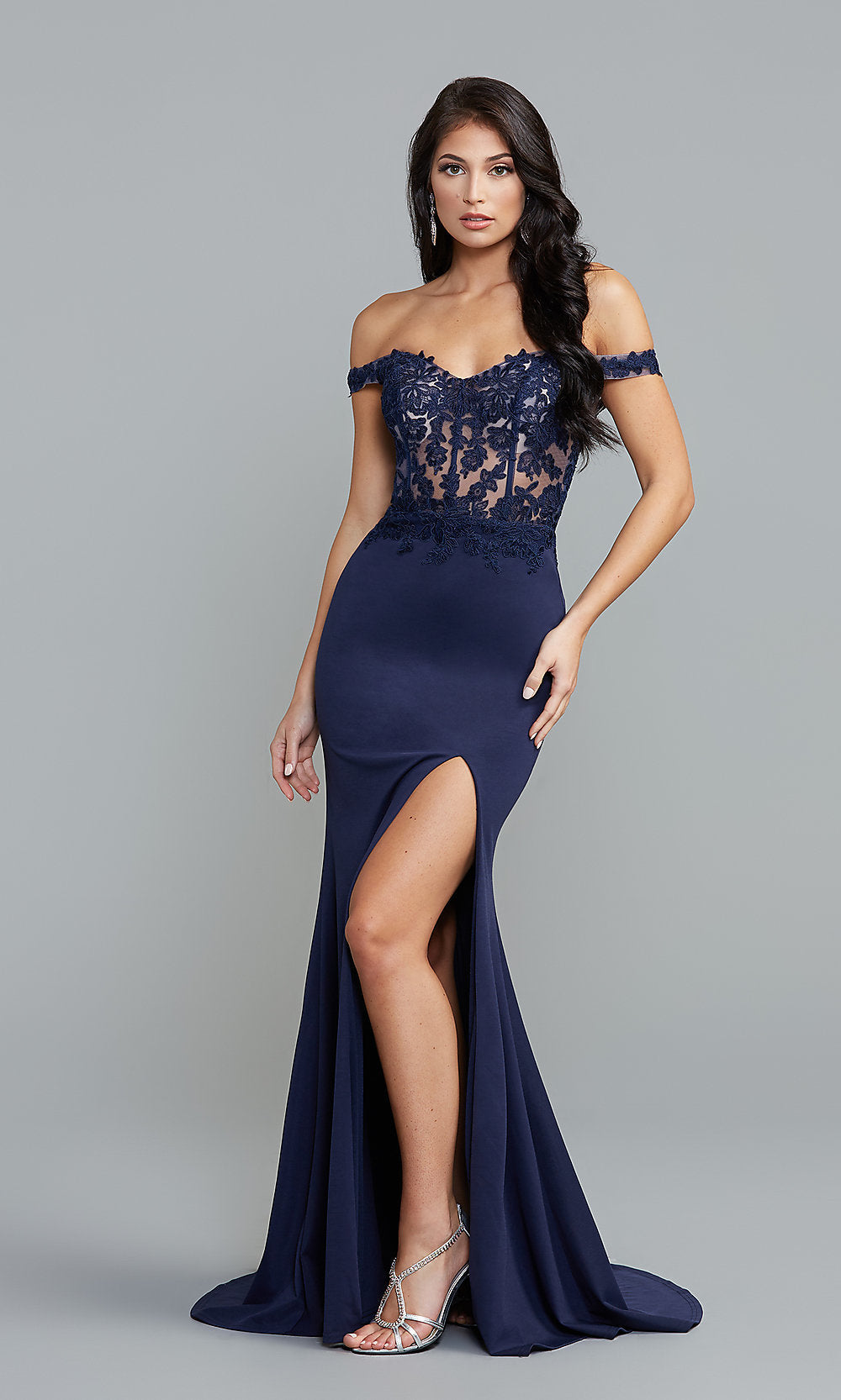 Midnight Blue Off-Shoulder Sheer-Bodice Long Blue Prom Dress