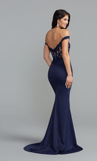  Off-Shoulder Sheer-Bodice Long Blue Prom Dress