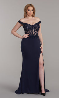  Off-Shoulder Sheer-Bodice Long Blue Prom Dress