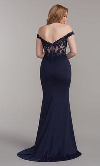  Off-Shoulder Sheer-Bodice Long Blue Prom Dress