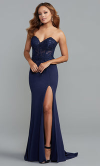 Midnight Blue Embroidered-Bodice Strapless Long Formal Dress