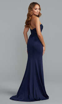  Embroidered-Bodice Strapless Long Formal Dress