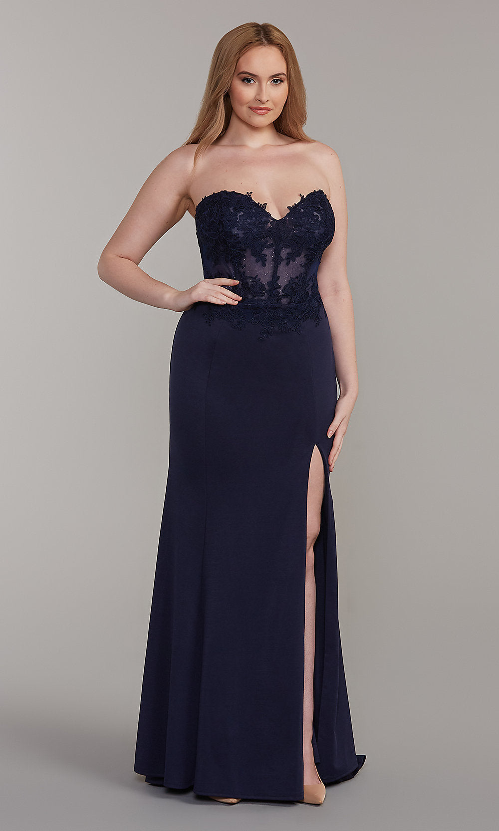  Embroidered-Bodice Strapless Long Formal Dress