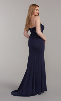  Embroidered-Bodice Strapless Long Formal Dress