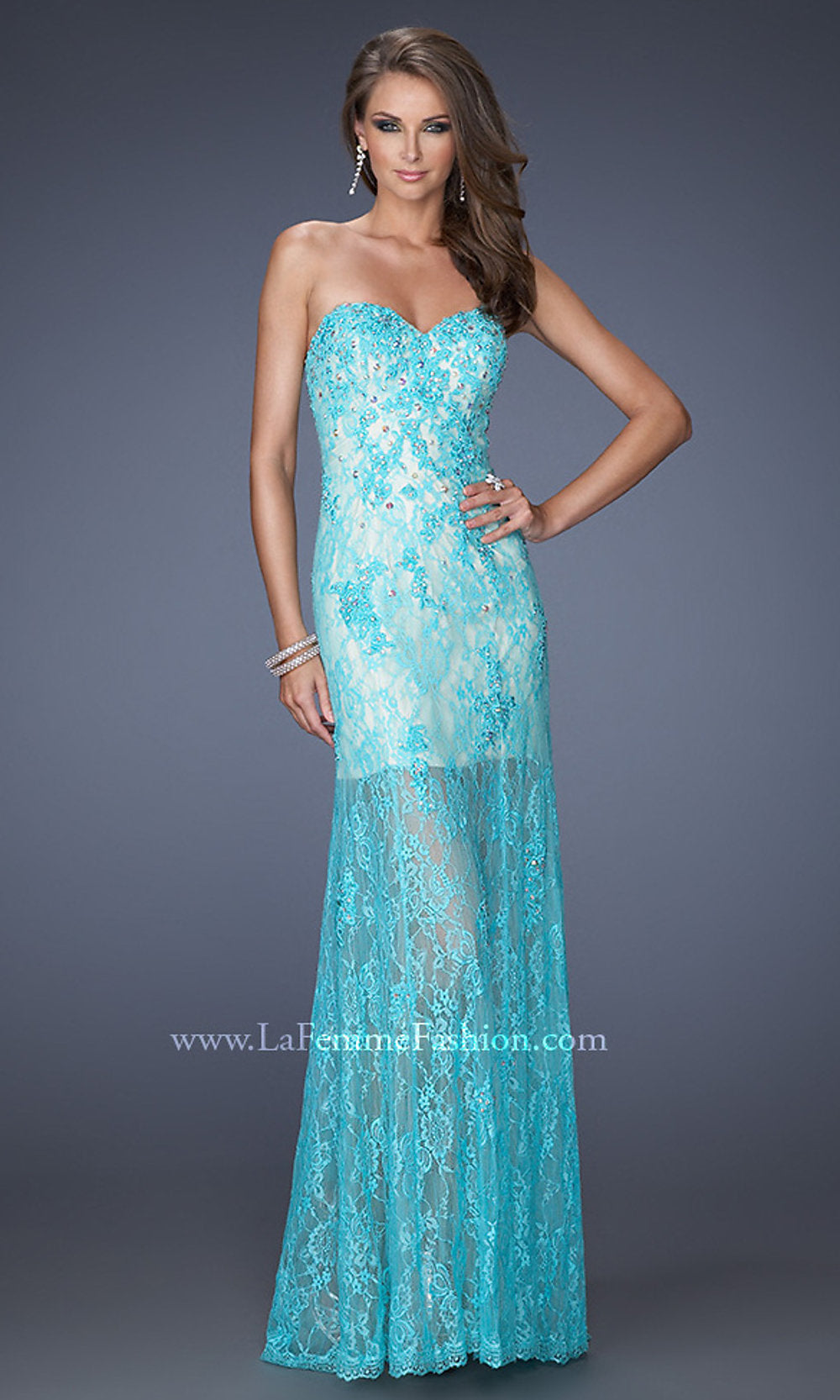 Mint Long Mint Lace Strapless Prom Dress by La Femme