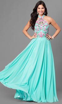 Mint Green Embroidered-Bodice Long Halter A-Line Prom Dress