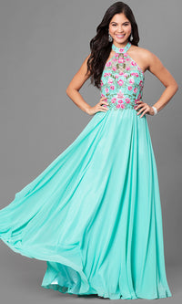 Mint Green Embroidered-Bodice Long Halter A-Line Prom Dress