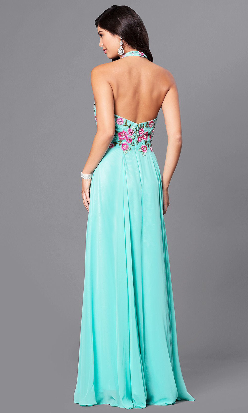  Embroidered-Bodice Long Halter A-Line Prom Dress