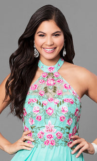  Embroidered-Bodice Long Halter A-Line Prom Dress