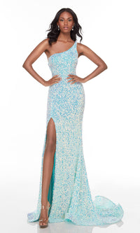 Mint Opal Alyce One-Shoulder Long Allover-Sequin Prom Dress
