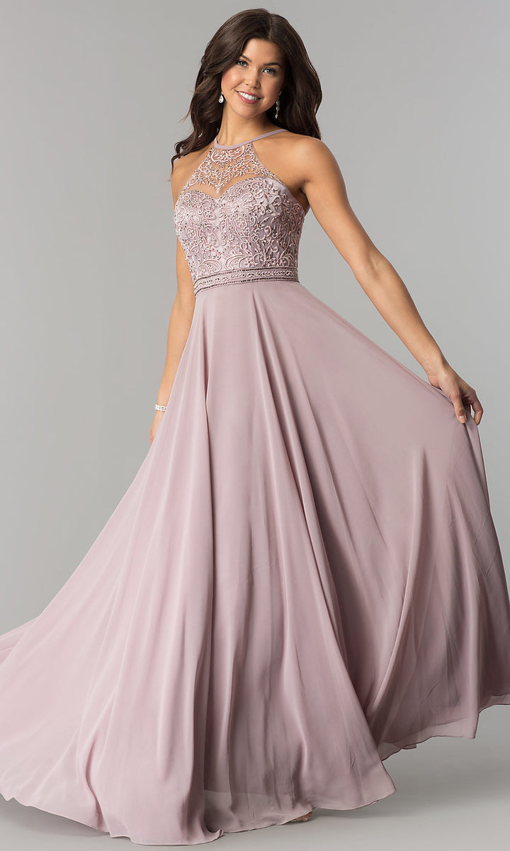 Embroidered-Bodice Long Formal Chiffon Prom Dress Mocha / XSmall