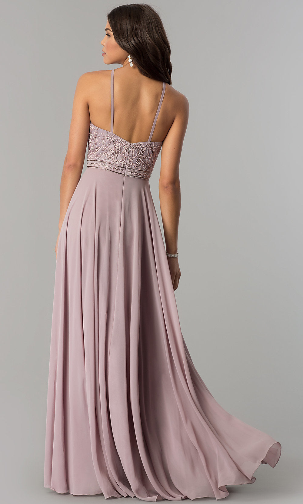 Embroidered-Bodice Long Formal Chiffon Prom Dress Mocha / XSmall Embroidered-Bodice Long Formal Chiffon Prom Dress Mocha / XSmall