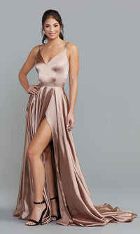 Mocha Long V-Neck Prom Dress with Slit