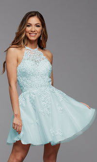 Moon Mist Corset-Back Short Prom Dress with High-Neck Halter