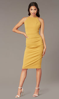 Mustard Knee-Length Sheath Wedding Guest Dress