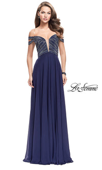 Navy Off-the-Shoulder Open-Back Long La Femme Prom Dress