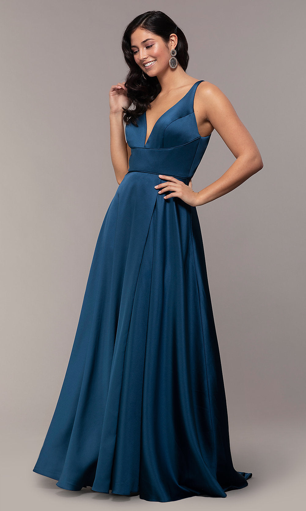 Navy Blue Low V-Neck Long Red Prom Dress by Dave and Johnny