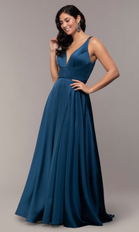 Navy Blue Low V-Neck Long Red Prom Dress by Dave and Johnny