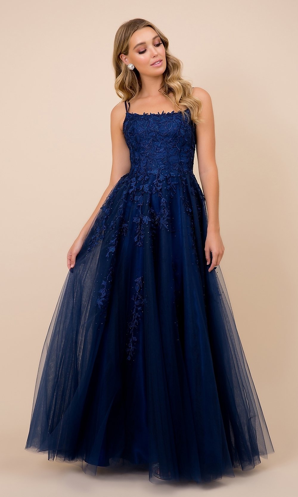 Navy Blue Embroidered Strappy-Back Tulle Ball Gown for Prom