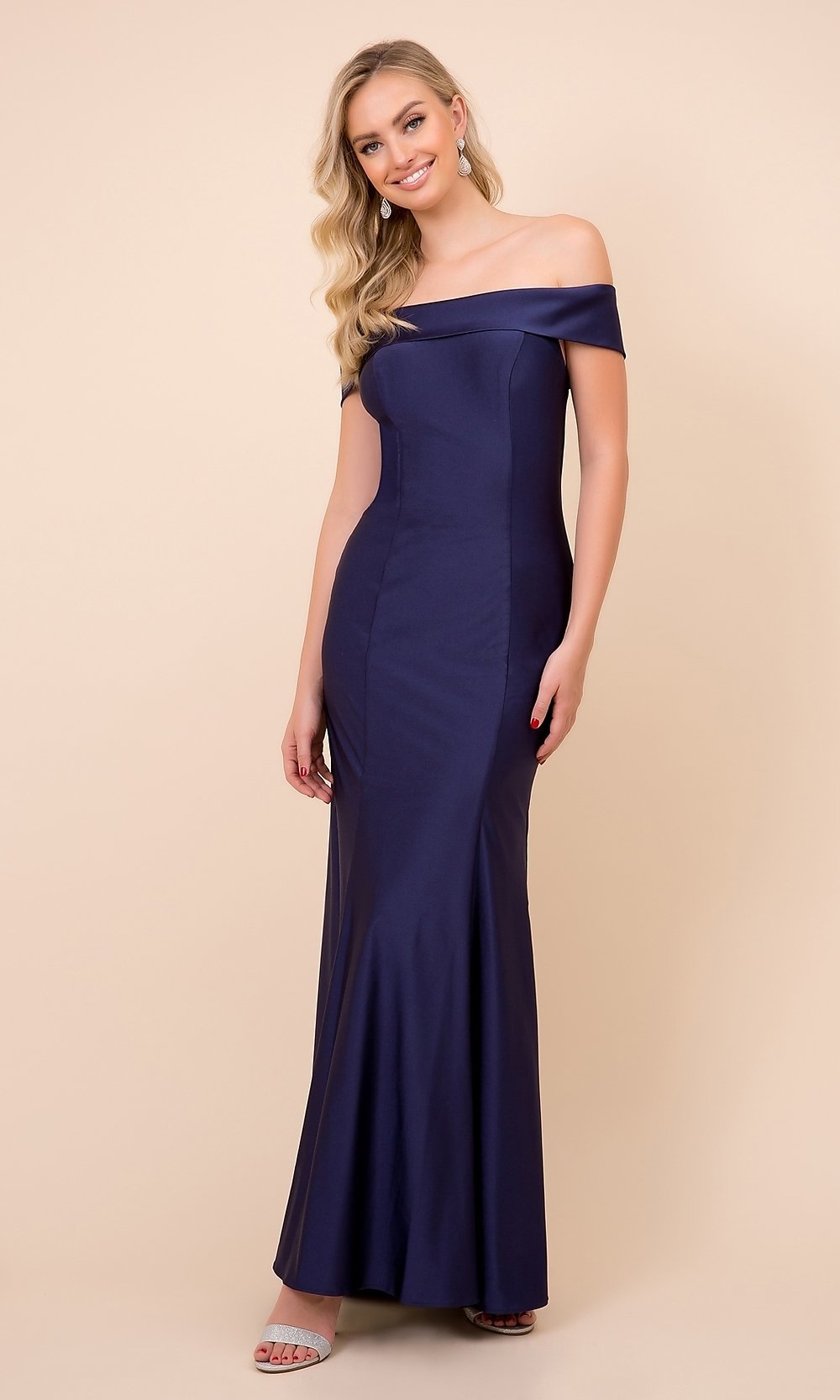 Navy Blue Off-the-Shoulder Classic Long Formal Evening Gown