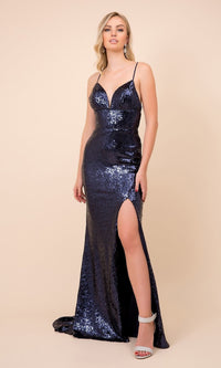 Navy Blue Corset-Back V-Neck Long Sequin Formal Prom Dress